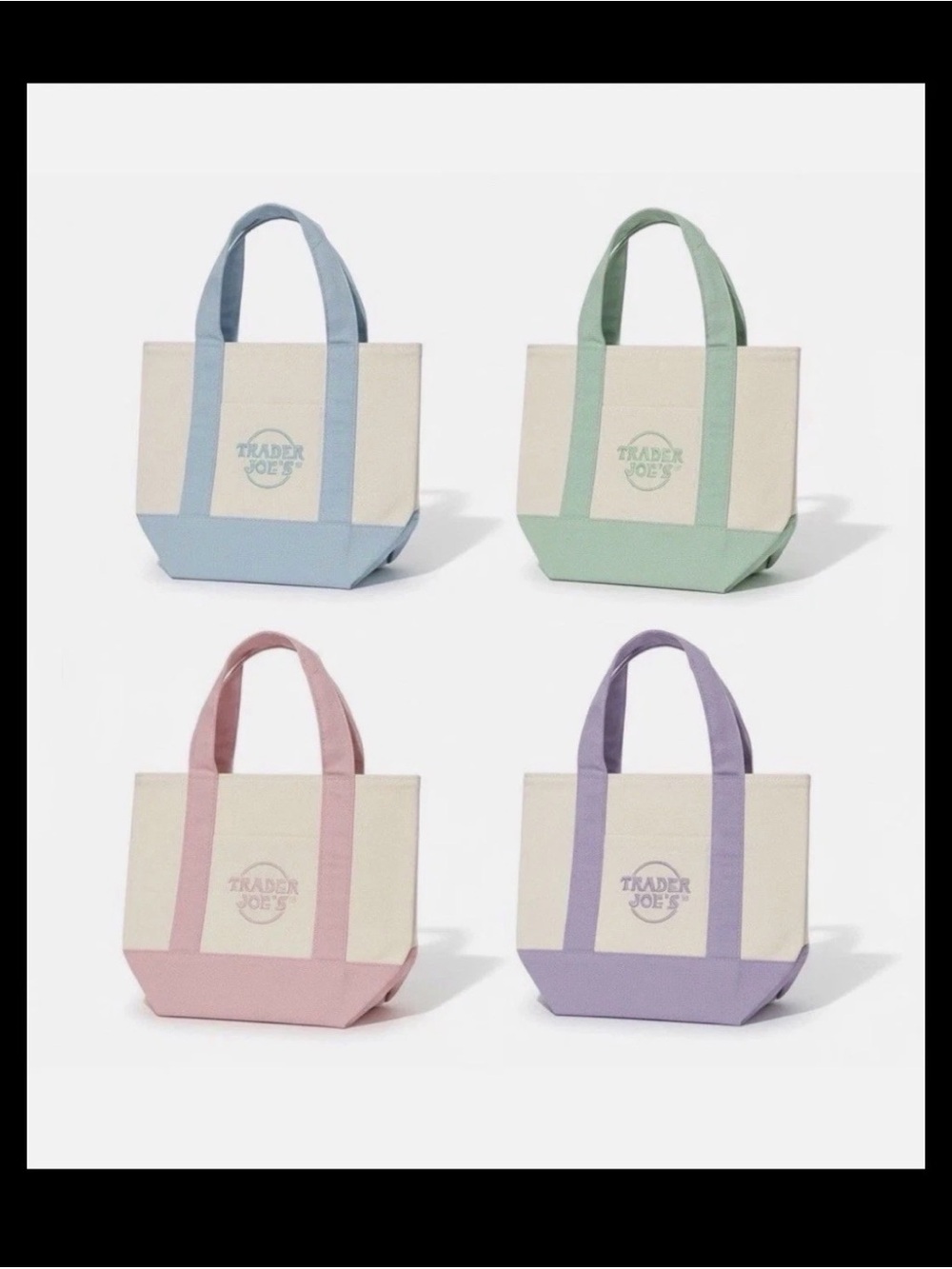 Trader Joe's mini Pastel Canvas Tote Bag - Blue, Green,Pink, Purple set of 4